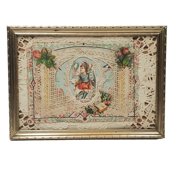 Handmade Lace Card with Die Cut Cupid and Frame Valentines Day Vintage - Picture 1 of 12